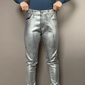 AG Adriano Goldschmied 30R Silver Painted Chrome Cracked Denim Pants